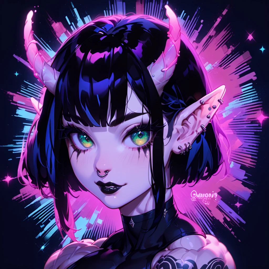 face and bust portrait of p4r1sdy, seductive demon babe, (horns), glowing eyes, high quality, , masterpiece, vector