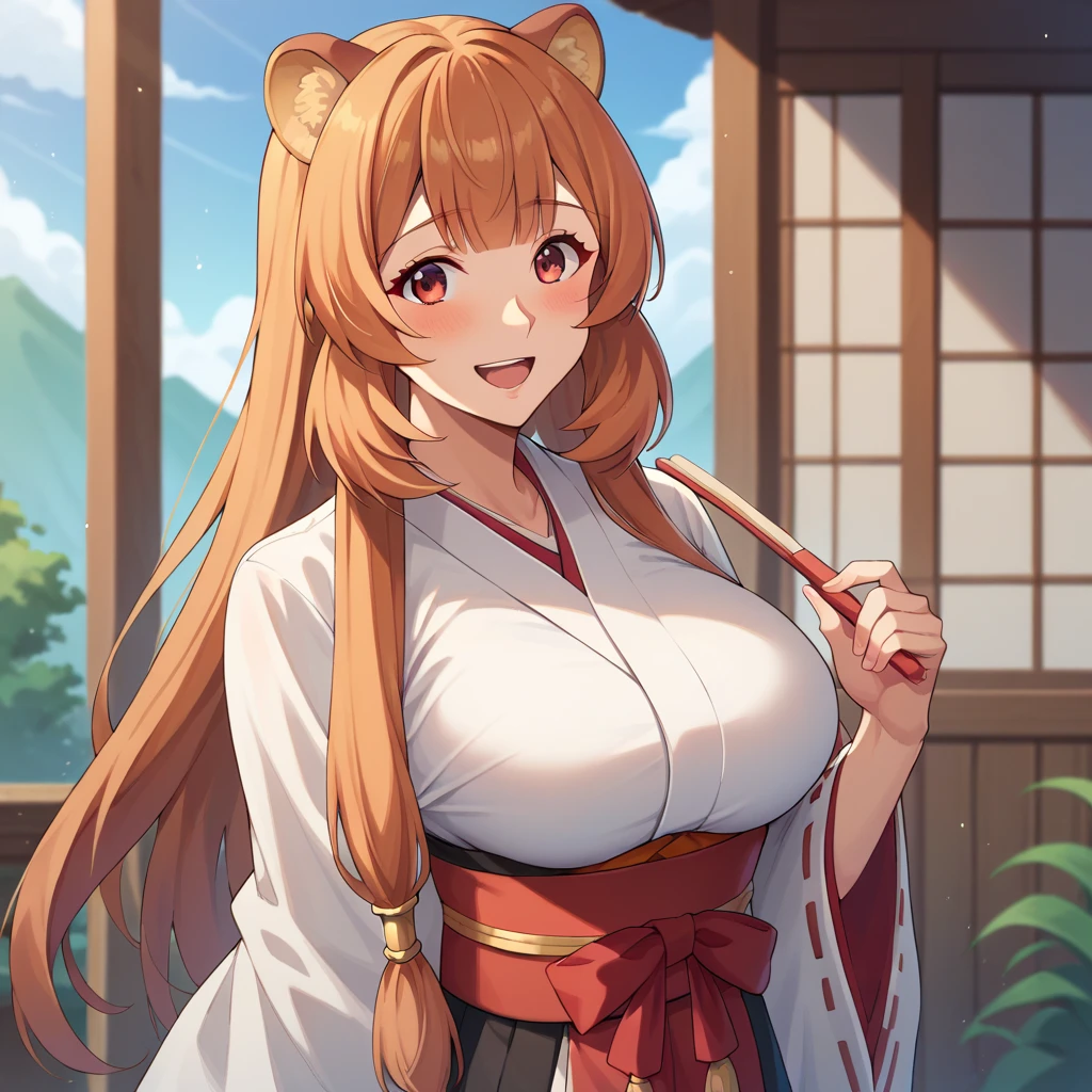 Raphtalia ,Bright orange hair , red eyes like rubíes, bear ears, , big breasts. happy smile, blush, big breasts,  miko costume. kimono white top red bottom , fondo unas montañas. cuerpo completo.