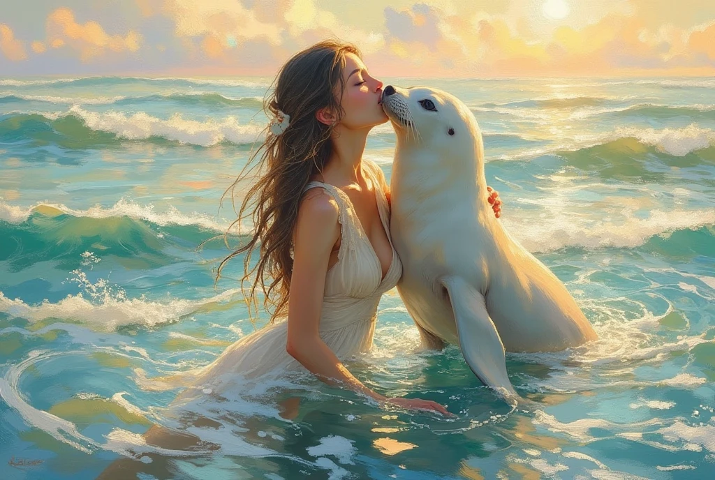 An impressionist-style oil painting illustrating the Sabian Symbol for Aries 1 degree: "A woman rising from the water, embraced by a seal." The scene is bathed in soft, dappled light typical of the impressionist movement, with visible brushstrokes that evoke movement and emotion. The woman is gently emerging from the water, her figure partially illuminated by sunlight filtering through the water’s surface. Her hair is wet and shimmering, blending with the gentle ripples of the water. The seal, with its smooth, glossy fur, rises beside her, its form depicted in soft, yet expressive brushstrokes, tenderly embracing her. The background features a serene, almost ethereal landscape—gentle waves and a pastel-colored sky with fleeting clouds. Use rich, vibrant colors like soft blues, pinks, and oranges, while allowing the texture of the brushwork to convey the fluidity of the water and the warmth of the scene. The painting should evoke a sense of calmness, connection, and renewal, with a dreamlike, almost fleeting quality typical of impressionist works.