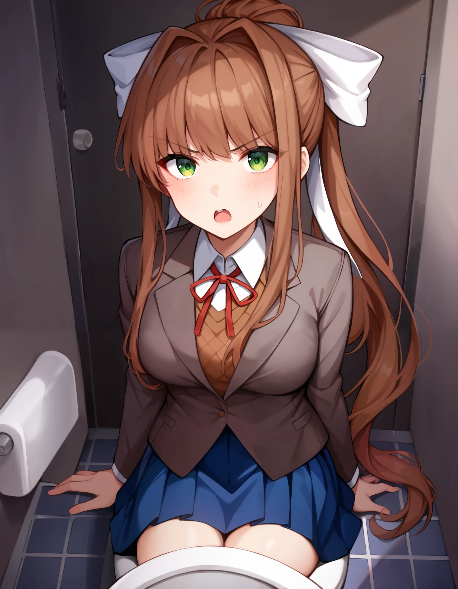 2d, masterpiece, best quality, anime, highly detailed, cowboy shot, 1girl, solo, monika, green eyes, brown hair, very long hair, ponytail, hair ribbon, white ribbon, blazer, brown sweater, collared shirt, neck ribbon, blue skirt, sitting, sitting on toilet, wc, pooping, caught in toilet, angry expression, blush, mad, opened mouth, (angry:1.2), looking at viewer