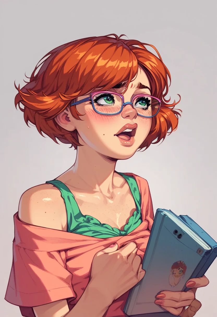 nerdy girl,  short hair, redhead, , parts, nervousness,  blushing 