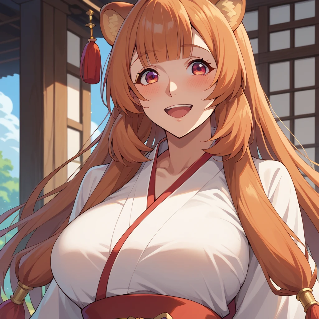 Raphtalia ,Bright orange hair , red eyes like rubíes, bear ears, , big breasts. happy smile, blush, big breasts,  miko costume. kimono white top red bottom , fondo unas montañas. cuerpo completo.