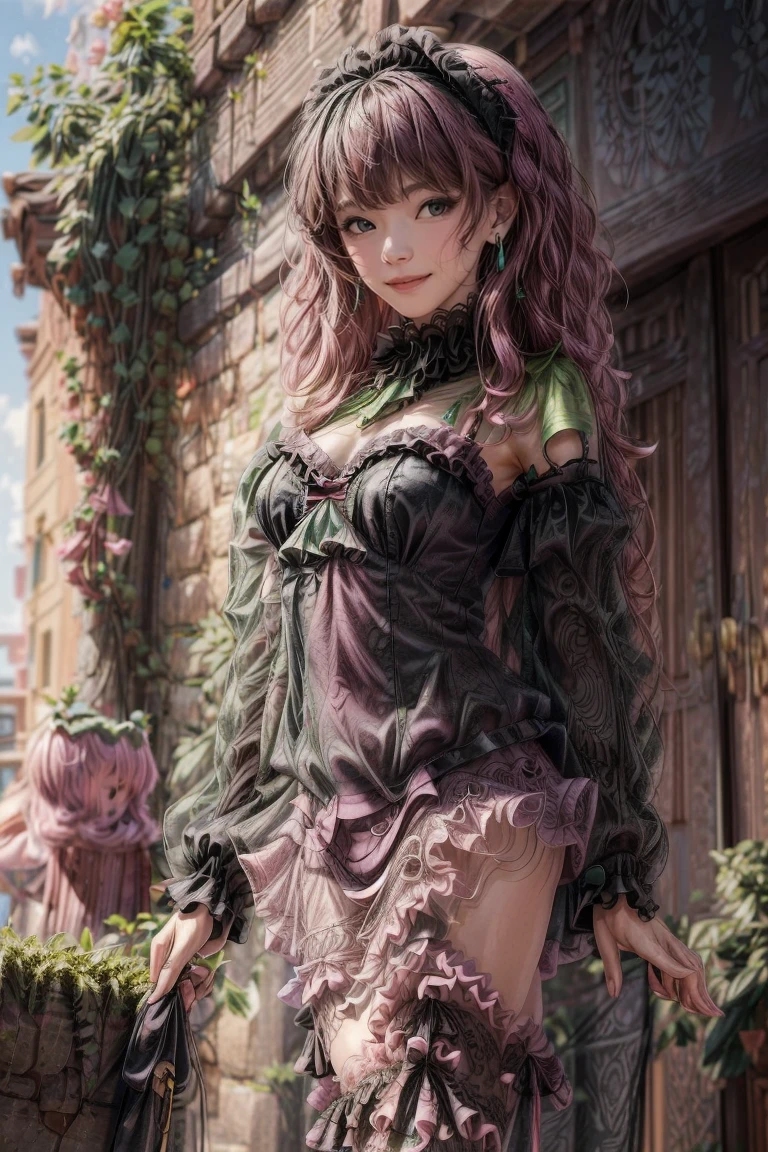 masterpiece, Highly detailed, realistic, Cinematic Lighting, Daylight, beautiful face, beautiful eyes,
 1girl, solo, (16-years-old-magical_girl), (short-pink-wavy-hair and green-eyes:1.5),
 (wearing black-See-through ruffle-and-lace Idol Costumes:1.5) ,(Roman sandals),
 (has a magic stick), (tube top), (Necklace), (Jewelry), (small breasts),
 (pretty face),(Dynamic Angle), (Dynamic Pose),
,(full body), (((tiny breasts:1.5, (slender legs), (Slender thighs)))), 
(pretty face),