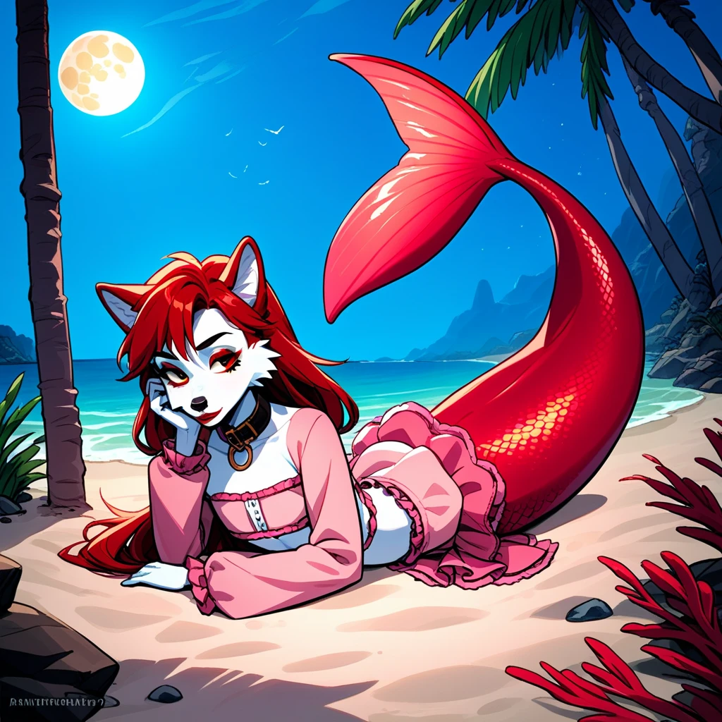 femboy, siberian husky, siberian husky ears, blue striped stockings, collar, thighs, zPDXL , mermaid tail below wasitline, beach, night beach, moon, moonlight, red lips, red eyeshadow, lying on stomach, lying at beach, mermaid wear long belly dress, belly, belly dress long sleeve, pink dress, 