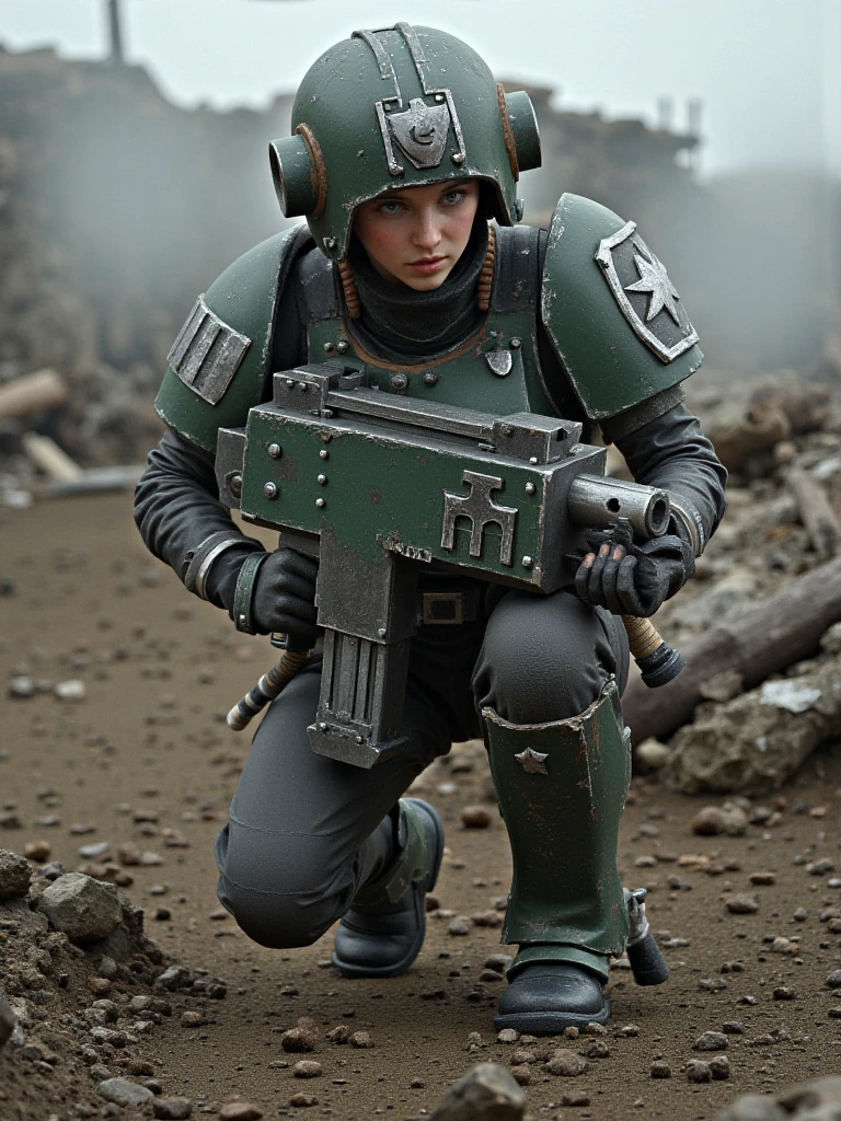 warhammer 40k, guardsman girl, wearing helmet, no mask, crouch, holding bolter, walking in Cadia battlefield