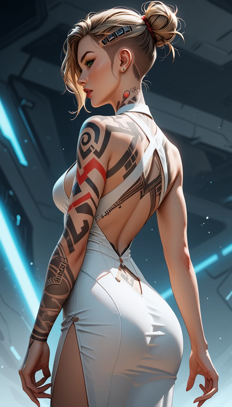 Score_9, score_8_up, score_7_up, rating_safe, MEJack, 1girl, slim figure, dark blonde hair, (green eyes), messy bun hairstyle, undercut hairstyle, back and body tattoo, tattoos of tigers and bears on her back, wearing white bodycon dress, (sideless dress:1.27), back keyhole cutout, (lower back showing), (butt crack showing), (((red) psychic energy in hands)), viewed from behind, (back turned), sci-fi background, wide angle