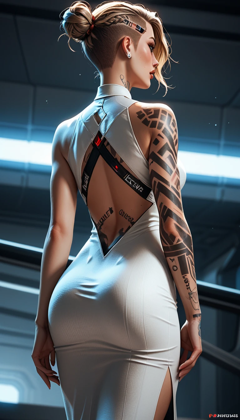 Score_9, score_8_up, score_7_up, rating_safe, MEJack, 1girl, slim figure, dark blonde hair, (green eyes), messy bun hairstyle, undercut hairstyle, back and body tattoo, tattoos of tigers and bears on her back, wearing white bodycon dress, (sideless dress:1.27), back keyhole cutout, (lower back showing), (butt crack showing), (((red) psychic energy in hands)), viewed from behind, (back turned), sci-fi background, wide angle