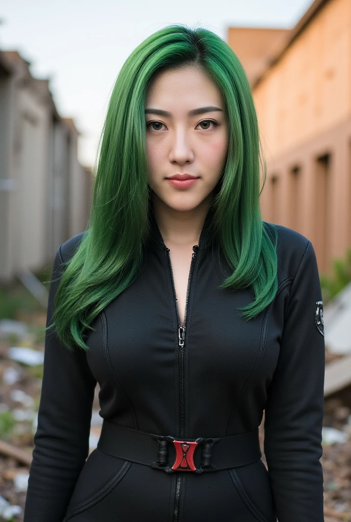 A beautiful and cute Thai girl with long green hair and big breasts sexy wearing a Black Widow cosplay costume. The background is a ruined city. The soft sunlight helped to highlight her features.