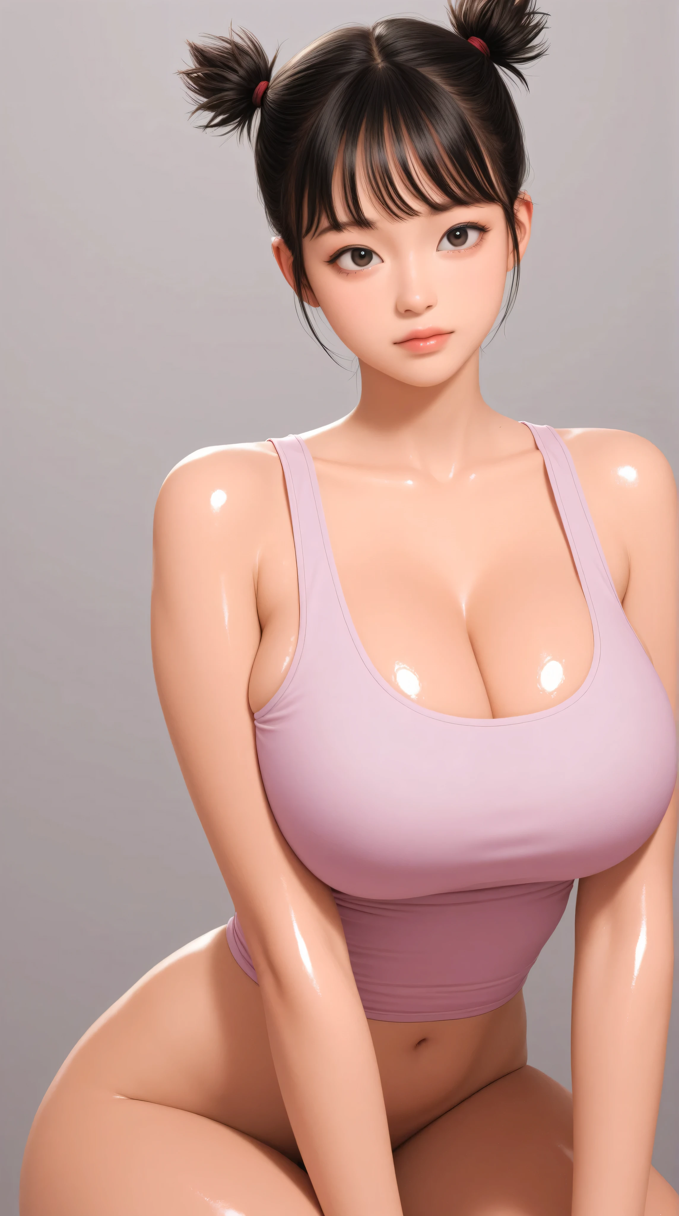 young Korean girl, short spiky hair, metal style, big breasts, cleavage, tight pink tank top, shiny skin, no background, 