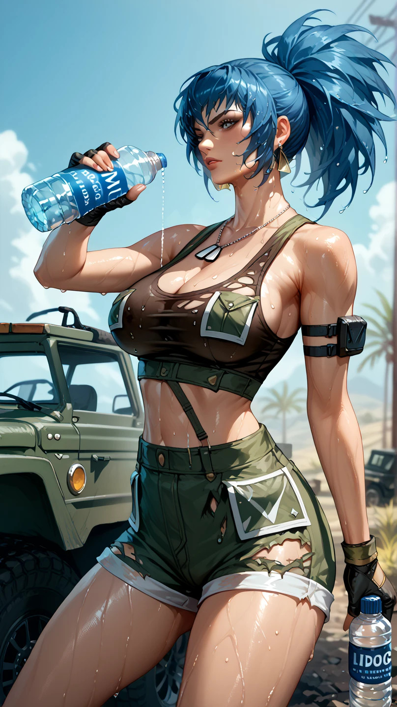 Sexy leona heidern,  Dark blue hair , triangle earrings, condog tags,  on a wasteland, pose sexy, next to a jeep , sweating, in open military shorts,  getting wet with a water bottle, damaged clothes,  open legs,  arms crossed,