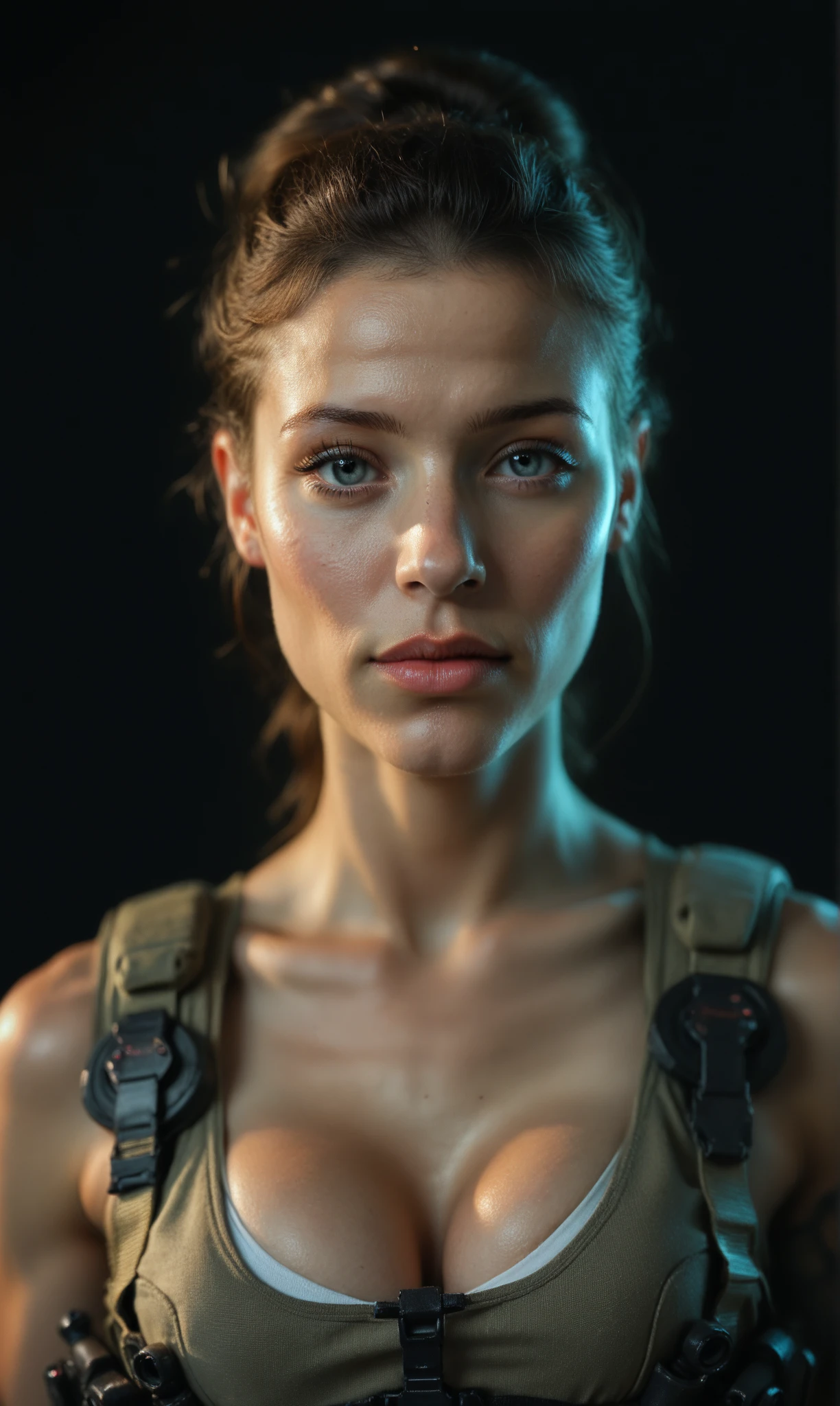 score_9, score_8_up, score_7_up, score_6_up, photo, realism, photorealistic, portrait, bimbo, cyborg, tactical gear, cleavage, looking at viewer, black background, backlight, neon glow, depth of field, bokeh, HDR 