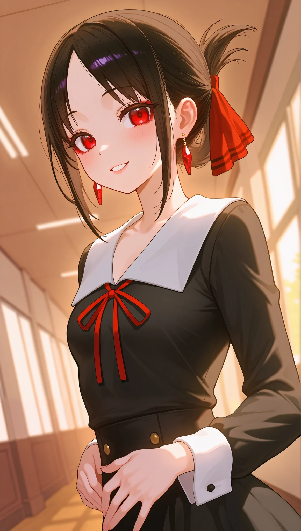 (masterpiece), (portrait), small breasts (aesthetics), ((1 female 21 years old)), Highlight earrings), ((short hair)), ((Hot crystal black hair, tied hair)), ((Kaguya Shinomiya)) straight hair, thin eyes open, red eyes, cute, naughty, cute smile, woman, feminine, beautiful, female features, top, high quality, aesthetic clothing, professional angle, (rule of thirds), (feminine), , (beautiful) , (female ) features), solo, (Korean attractive), summer, (ink haze), (afternoon), (vibrant light), seductive posture, ((face looking forward))), Kaguya Shinomiya, black school uniform, long sleeves, sensual ((Energy)), (Bold Makeup), (small Breasts), Fair Skin, (Clothes with Hip Hop Details), (a hot Kaguya Shinomiya, sculptural body, sexy pose), (Sleep Neckline), Beautiful Hands, Body beautiful, beautiful ears, beautiful eyes, bright eyes, beautiful mouth, beautiful lips, school hallway, windows