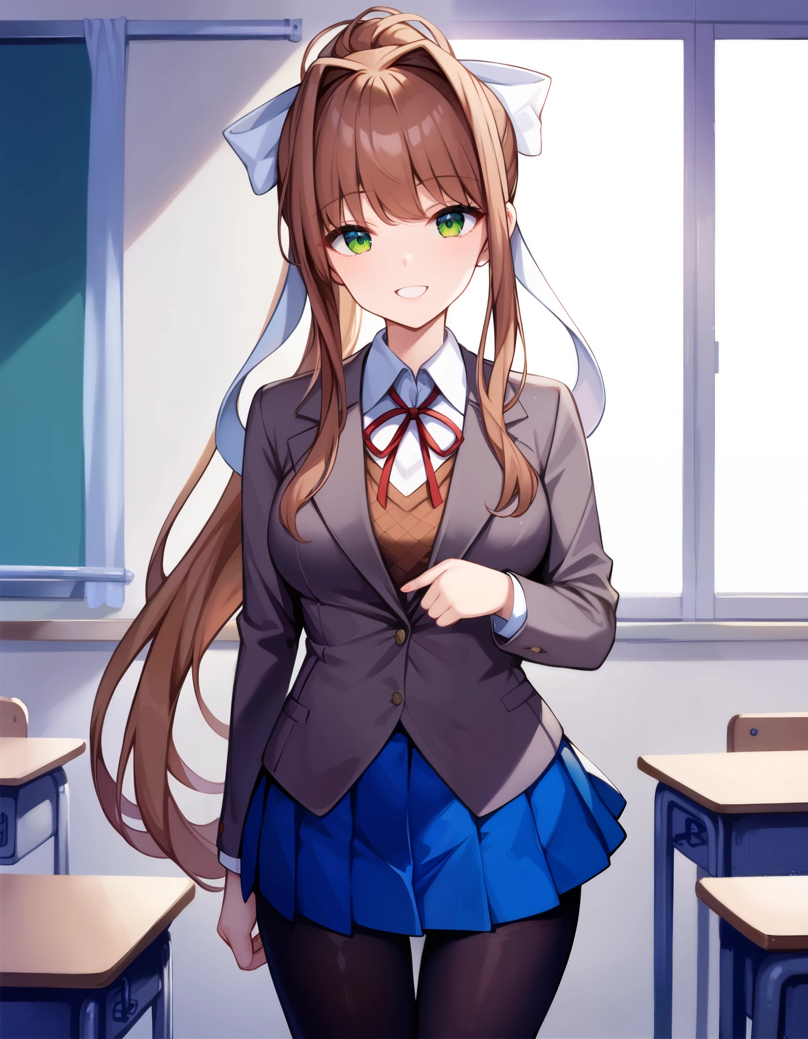 2d, masterpiece, best quality, anime, highly detailed, cowboy shot, 1girl, solo, monika, green eyes, brown hair, very long hair, ponytail, hair ribbon, white ribbon, blazer, brown sweater, collared shirt, neck ribbon, blue skirt, black pantyhose, standing, looking at viewer, smile, happy, indoor, classroom