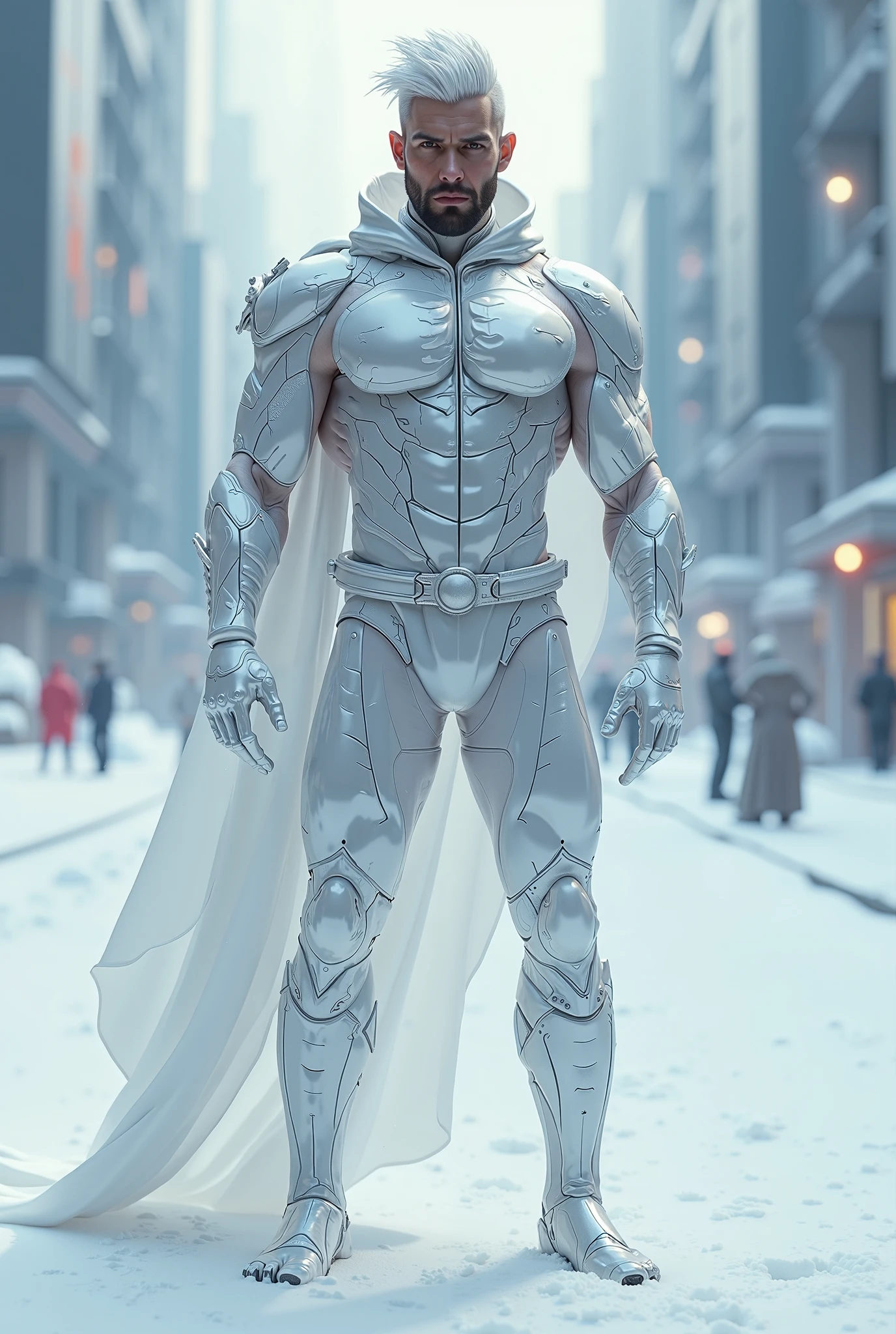 Full body photorealistic handsome hunky masculine Legion white messy haired fractal white skinned young Jack Frost,,unreal engine, extremely attractive male wearing white scales very transparent see through mesh latex spandex,, with belt and gloves,, extremely masculine physique, intricately detailed, super duper bulge, realistic skin, short tousled hair, futuristic snowy city as background