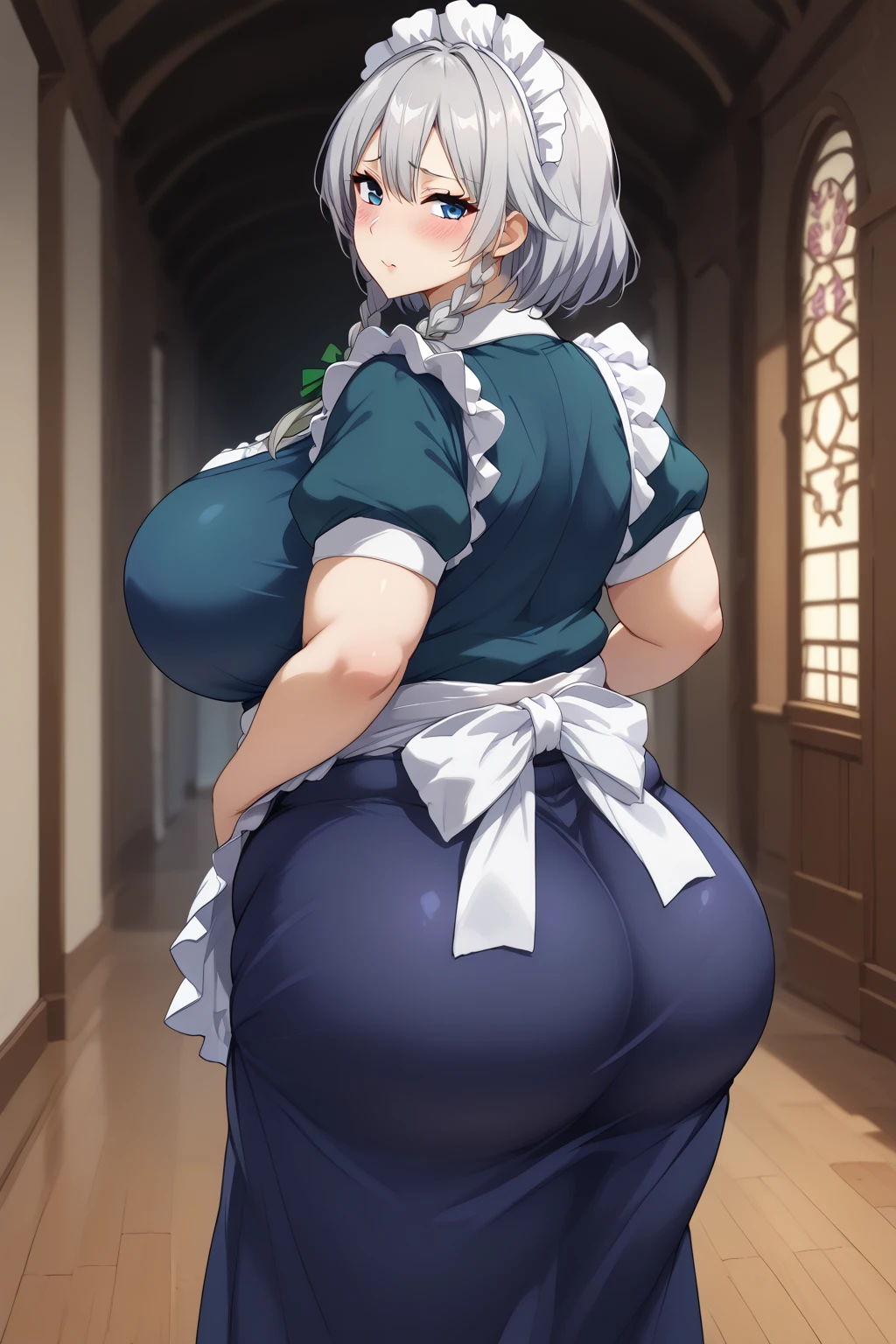 1girl, izayoi sakuya, maid uniform, taut clothes, :d, excited, , aroused, ahegao, bursting breasts, gigantic breasts, BEReaction, Breast expansion,