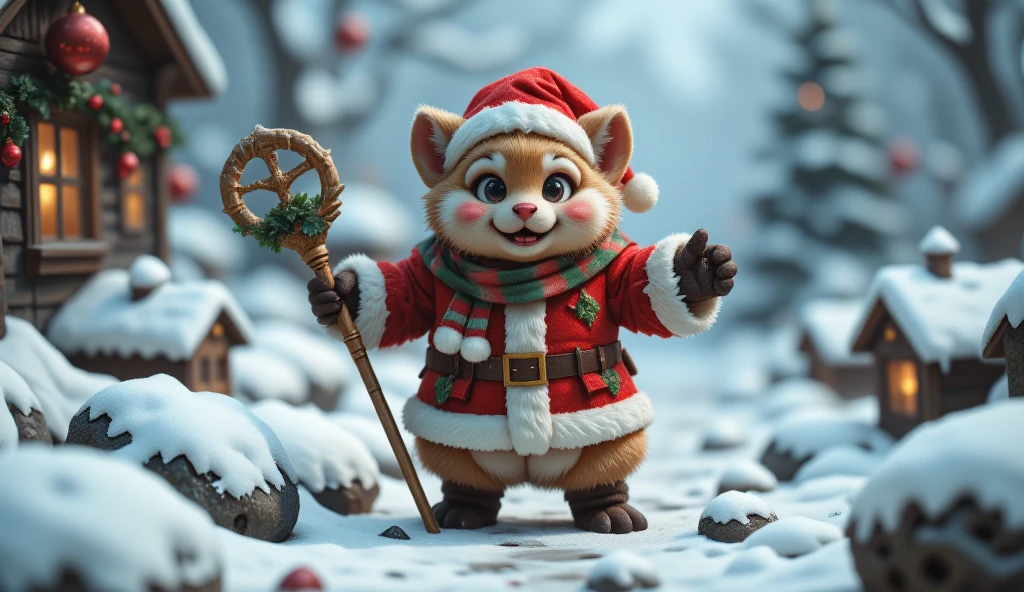 a cute and rare animal born from christmas, energetic and mischievous, fluffy, round shape, wearing christmas-colored clothes, ultra-detailed, 8k, masterpiece, photorealistic, intricate details, vibrant colors, magical, fantasy, whimsical, soft lighting, festive, adorable expression, playful, cute pose, winter wonderland background