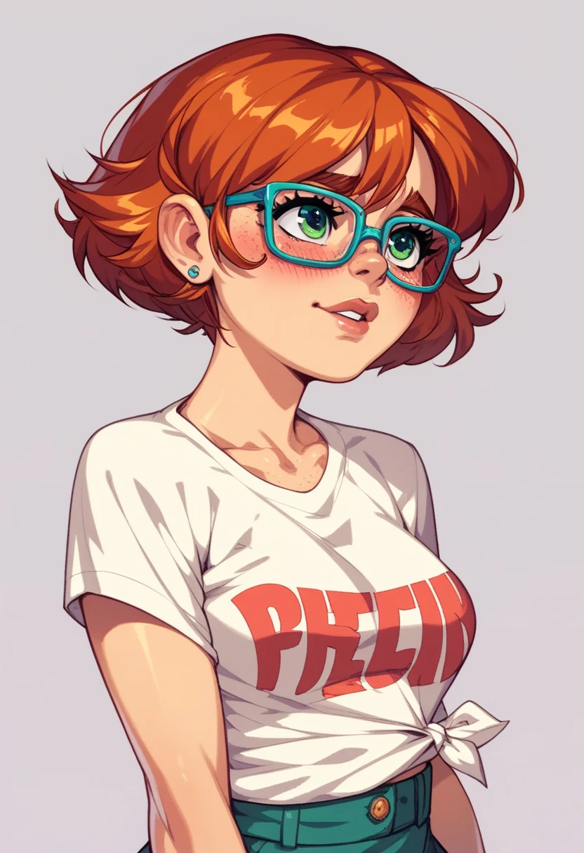 nerdy girl,  short hair, redhead, , parts, nervousness,  blushing , taking off shirt