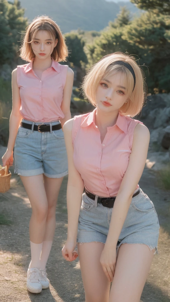 highest quality, figure, sexy、slender、Navy blue open front polo shirt、sexy very detailed, Fine details,Slim body、slender、Japanese girl、 High resolution, 8k,wallpaper, Perfect dynamic composition, Beautiful fine details, Short Bob Hair、Pink Hair Color,Big Natural Color Lip, Bold sexy pose,smile、Cold Stare,20-year-old girl、Cute type、Lolita、Good Eyes、whole body,Pink wall