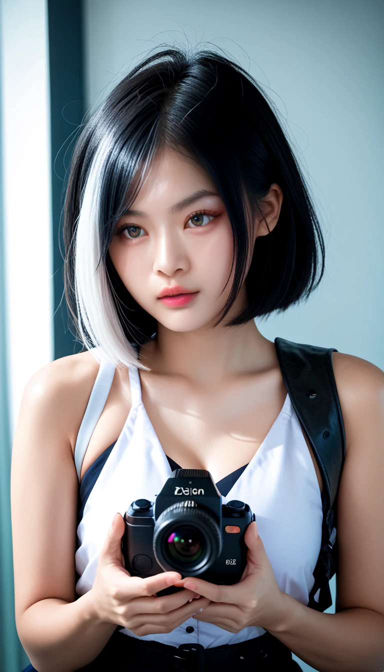 Beautiful thai 1Women, medium breasts, two-tone hair, white hair, black hair, pinkish-white skin, holding a camera