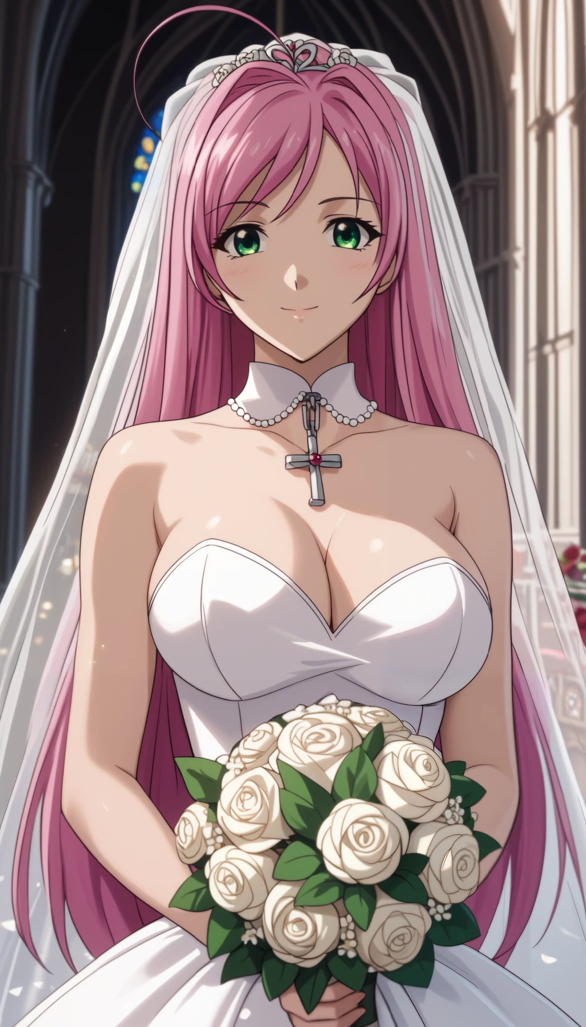 normal moka akashiya, long hair, green eyes, pink hair, ahoge, large breasts, wedding dress, light smile, hold a bouquet with both hands、Shiny Hair、Tight waist、Small waist、Glowing Skin、outdoor、mysterious night, in church、eight-headed body、Beauty、