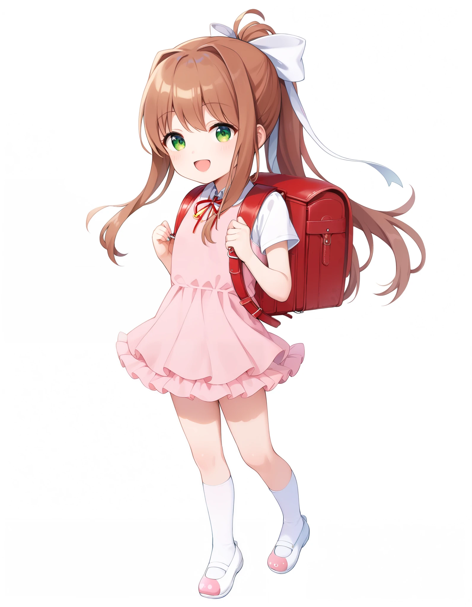 Hd, (littlegirl:1.1) (slender body) (thin body), monika, green eyes, brown hair, very long hair, ponytail, hair ribbon, (white skin) happy and confident expression. full body, (ch1ldren playing), short girl, cute girl, (loli:1.2), (ch1ldren:1.2),  long straight hair, thin legs, flat chest, flat breasts. (happy, smile, cheerful), Standing, outdoor, wearing party dress, pink dress, frilly dress, white socks, pink shoes, bowtie, wearing randoseru backpack, red backpack 