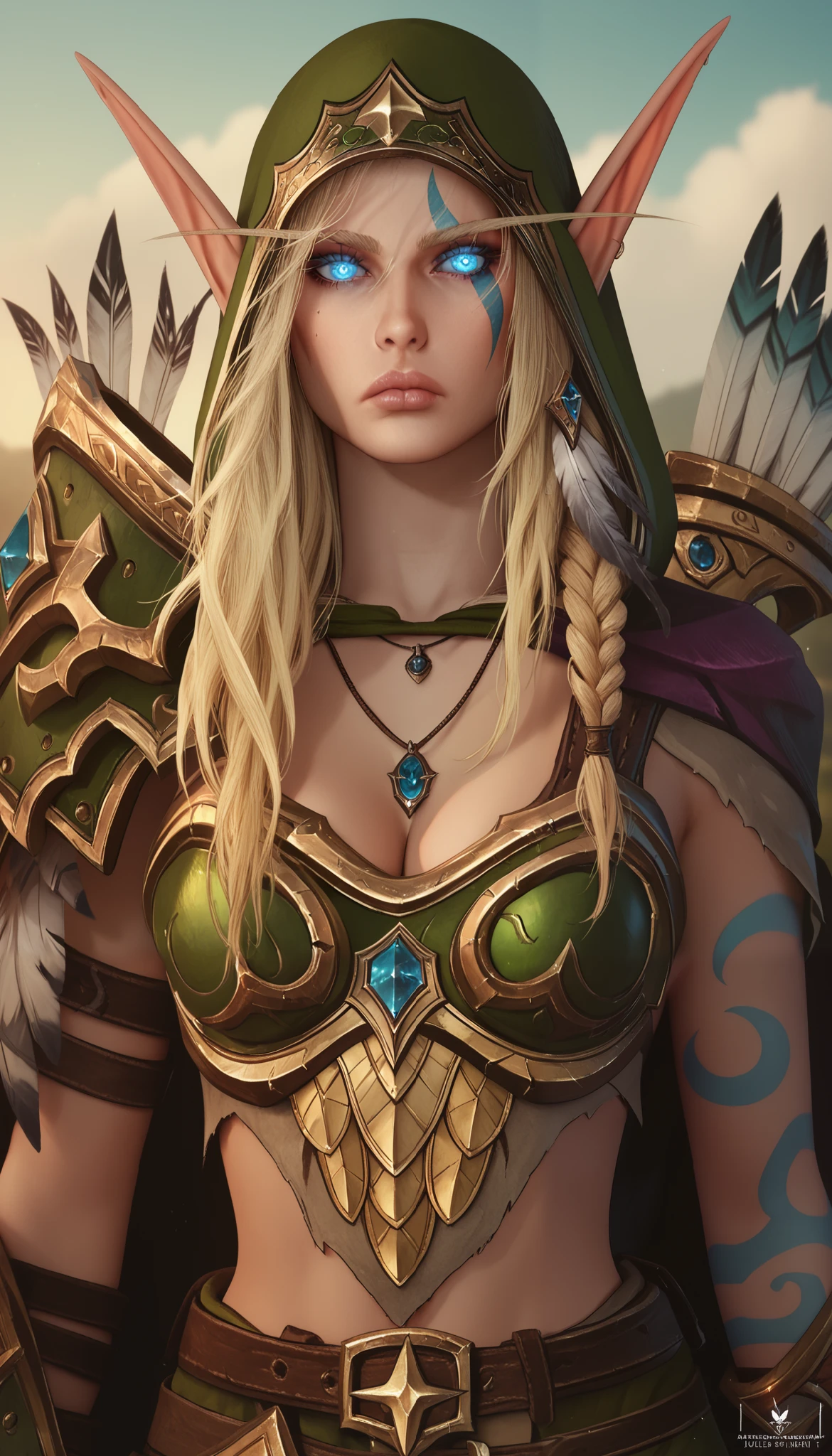  BREAK 1girl, looking at viewer, alleria windrunner, blue eyes, blonde hair, pointy ears, elf, tattoo, glowing eyes, facial mark, armor, shoulder armor, gloves, cleavage, jewelry, necklace, feathers, belt , cape, puckered lips, lips, bored, hazy sky,