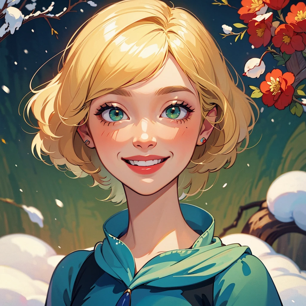 4k, (masterpiece), best quality, high quality, 1 young girl, pretty, beautiful face, lovely smile, happy girl, ((portrait)), smily mouth, no makeup, short eyelashes, ((blond hair)),  bob cut hair, green eyes, wearing snow white costume