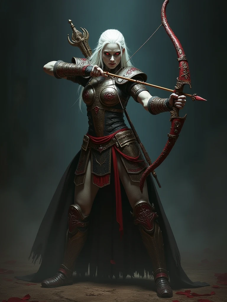 warhammer, ulrika, red eyes, pale skin, holding a bow and arrow