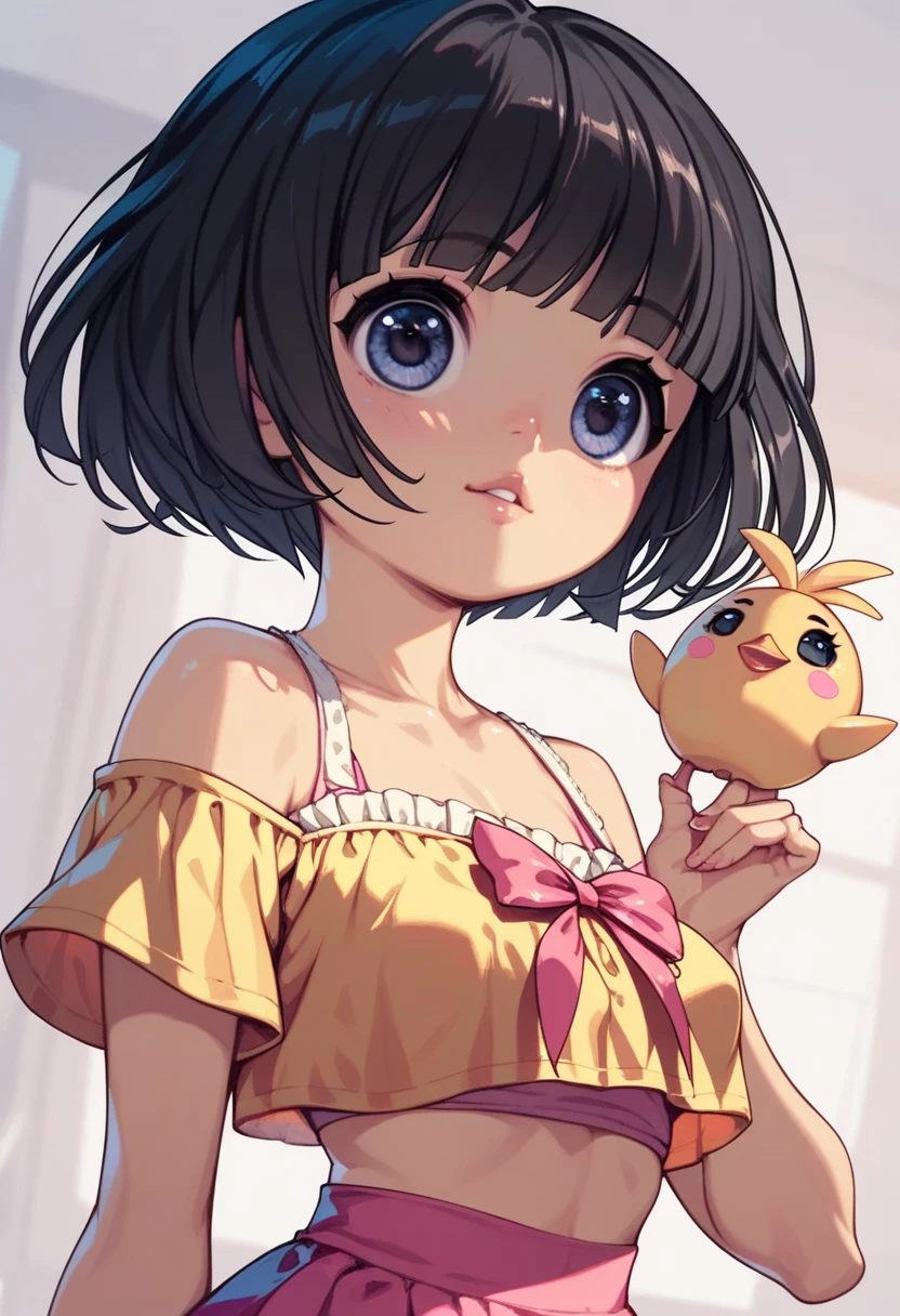 chica petite, fringe,  short hair,  big eyes,  black hair