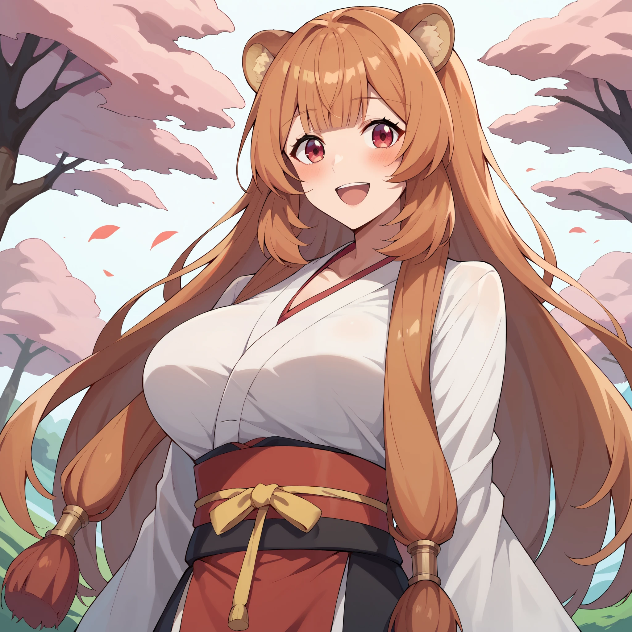 Raphtalia ,Bright orange hair , red eyes like rubíes, bear ears, , big breasts. happy smile, blush, big breasts,  miko costume. kimono white top red bottom ,portada de revista .portada de revista .