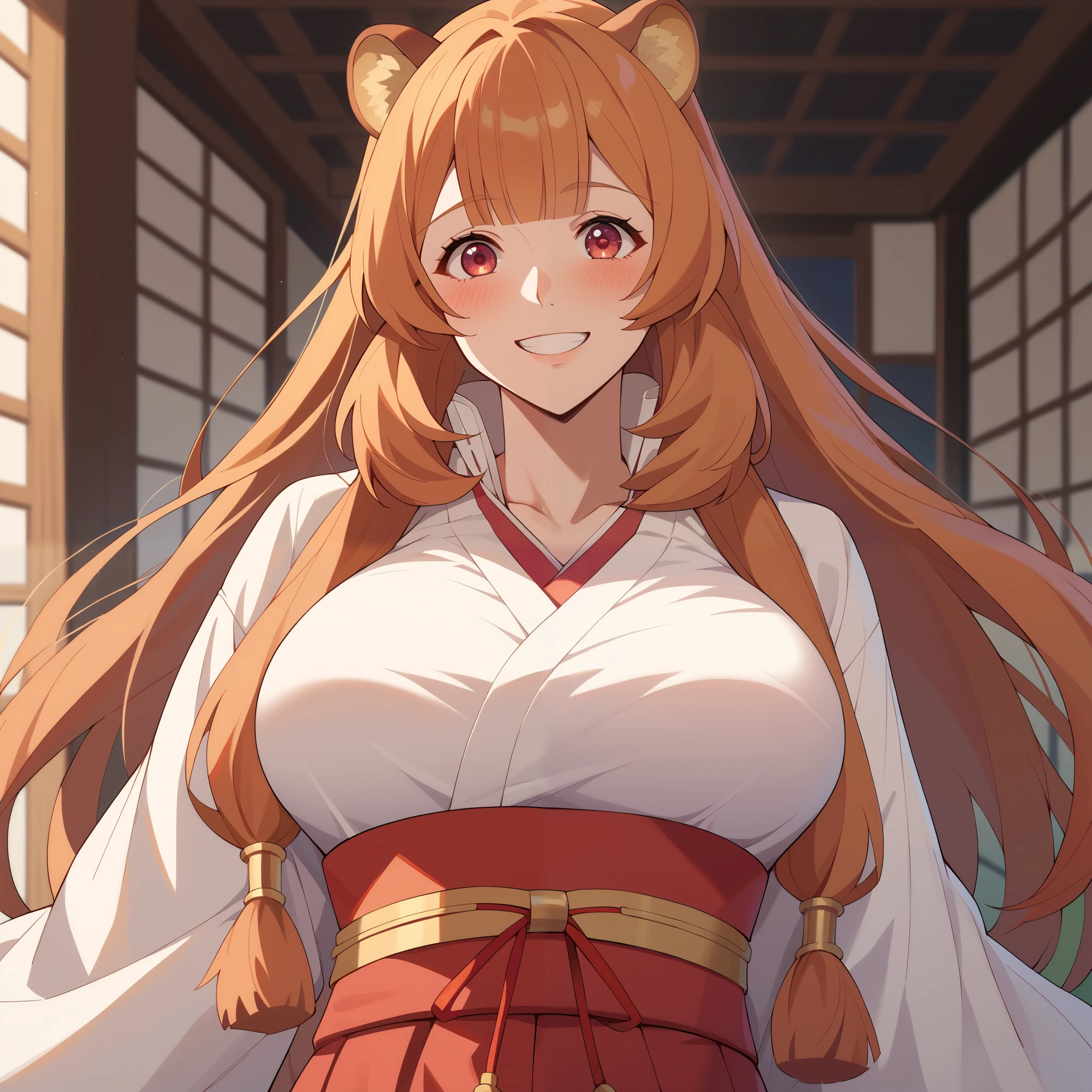 Raphtalia ,Bright orange hair , red eyes like rubíes, bear ears, , big breasts. happy smile, blush, big breasts,  miko costume. kimono white top red bottom , fondo unas montañas. cuerpo completo.