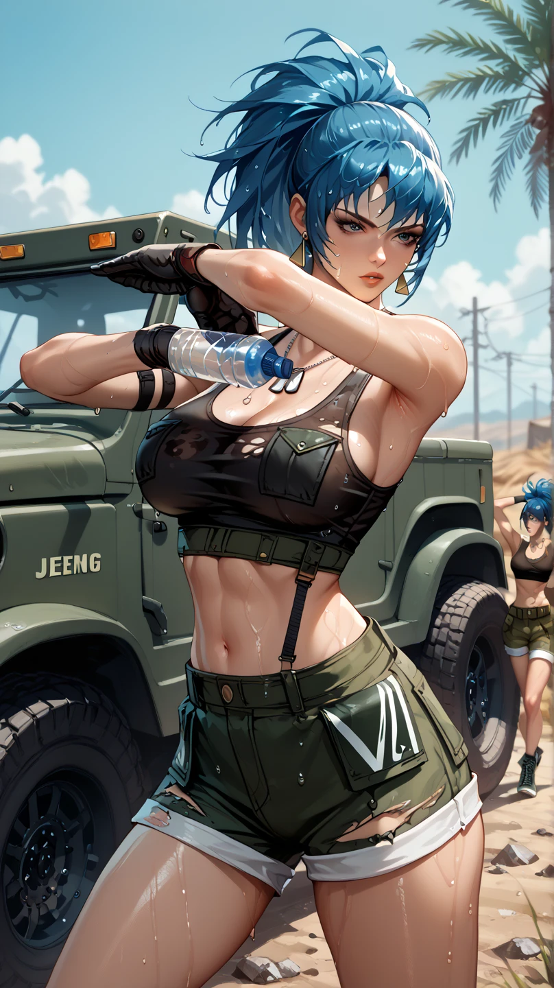 Sexy leona heidern,  Dark blue hair , triangle earrings, condog tags,  on a wasteland, pose sexy, next to a jeep , sweating, in open military shorts,  getting wet with a water bottle, damaged clothes,  open legs,  arms crossed, watching the spectator, 