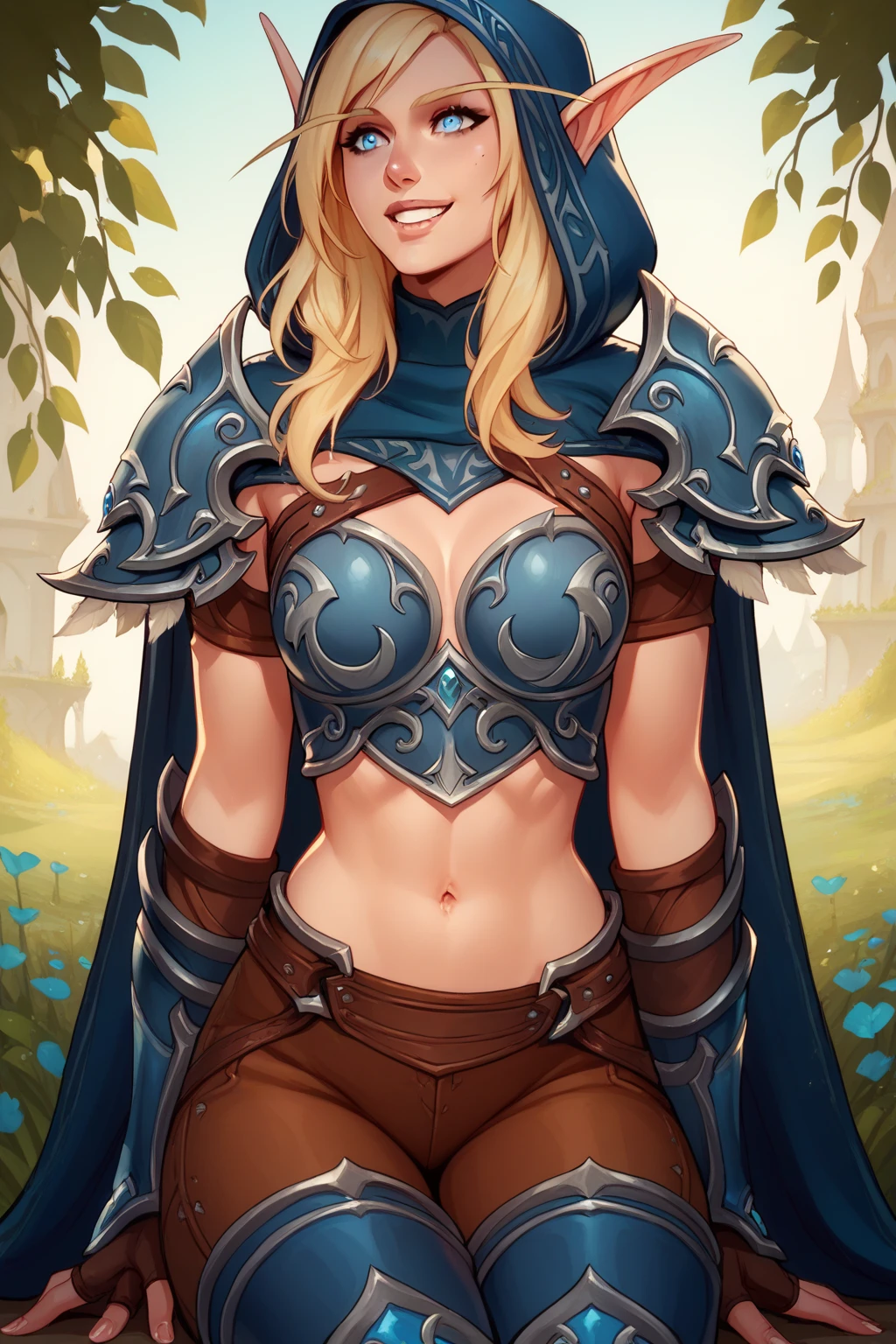 BREAK
 sylwinog, long hair, blue eyes, blonde hair, elf, pointy ears, pauldrons, hood, breastplate, midriff, cape, gloves, pants, armor, boots, smile