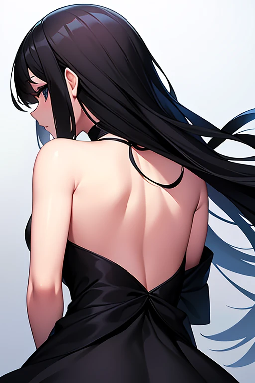 One girl, masterpiece, High resolution, Anatomically correct, ponytail, Blushing, blue eyes, tongue, Back view, ribbon, far and near method, Anime Style, Black Hair, 