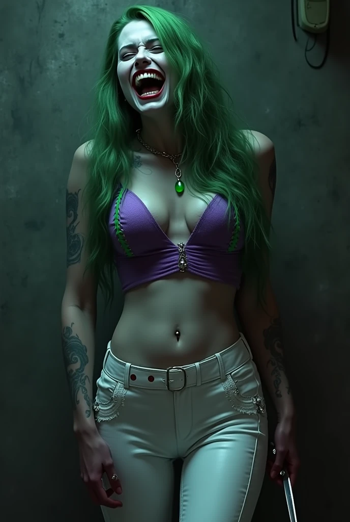 {
  "prompt": "A fusion of the iconic female Joker from DC Comics with a seductive, feminine twist on Michael Jackson's style, posing confidently in a dramatic scene. She has pale white skin and wild, vibrant green hair styled in messy, chaotic curls. Her makeup is heavy and smeared, inspired by Heath Ledger’s Joker, with dark, hollow eyes surrounded by smudged black makeup and a blood-red, twisted smile that extends unevenly beyond the corners of her mouth. She wears a provocative, form-fitting black sequined jacket with a plunging neckline, reminiscent of Michael Jackson’s signature look, over a revealing purple bikini top and matching high-waisted mini skirt. Her outfit is completed with a pair of shiny black ankle boots and white gloves, adding a touch of Michael Jackson's iconic style. She stands confidently on a stage with dramatic lighting, surrounded by a mix of edgy, theatrical elements and glitzy, glamorous decor. Her pose is both alluring and commanding, with one hand striking a pose while the other adjusts her green hair. Her gaze combines a mix of madness, seduction, and charisma, creating a striking and unforgettable fusion of chaotic elegance and classic pop-star flair.",
  "size": "1024x1792"
}
