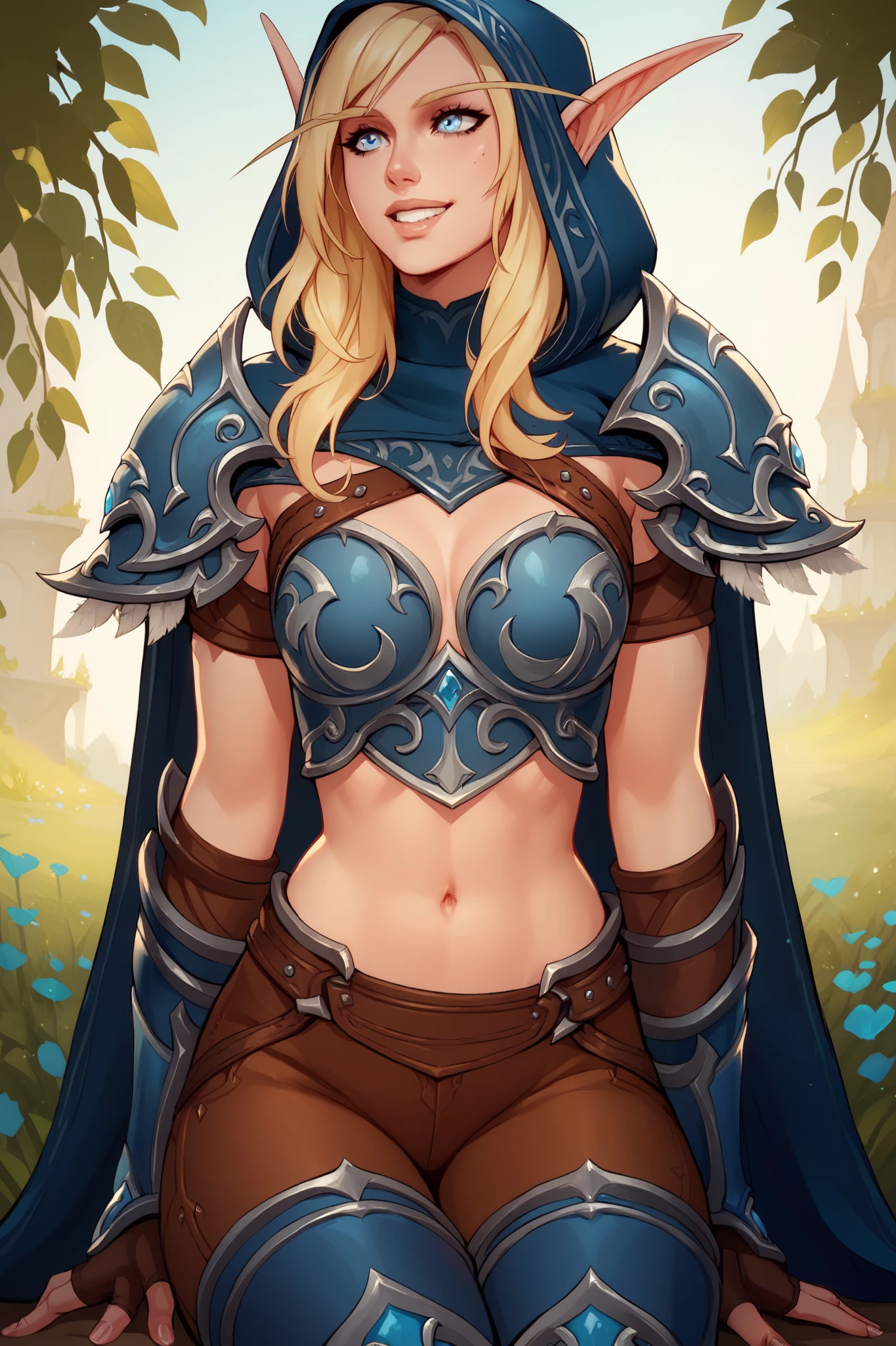 BREAK
 sylwinog, long hair, blue eyes, blonde hair, elf, pointy ears, pauldrons, hood, breastplate, midriff, cape, gloves, pants, armor, boots, smile