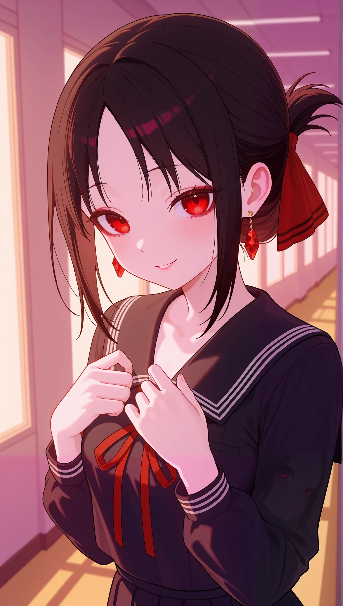 (masterpiece), (portrait), small breasts (aesthetics), ((1 female 21 years old)), Highlight earrings), ((short hair)), ((Hot crystal black hair, tied hair)), ((Kaguya Shinomiya)) straight hair, thin eyes open, red eyes, cute, naughty, cute smile, woman, feminine, beautiful, female features, top, high quality, aesthetic clothing, professional angle, (rule of thirds), (feminine), , (beautiful) , (female ) features), solo, (Korean attractive), summer, (ink haze), (afternoon), (vibrant light), seductive posture, ((face looking forward))), Kaguya Shinomiya, black school uniform, long sleeves, sensual ((Energy)), (Bold Makeup), (small Breasts), Fair Skin, (Clothes with Hip Hop Details), (a hot Kaguya Shinomiya, sculptural body, sexy pose), (Sleep Neckline), Beautiful Hands, Body beautiful, beautiful ears, beautiful eyes, bright eyes, beautiful mouth, beautiful lips, school hallway, windows