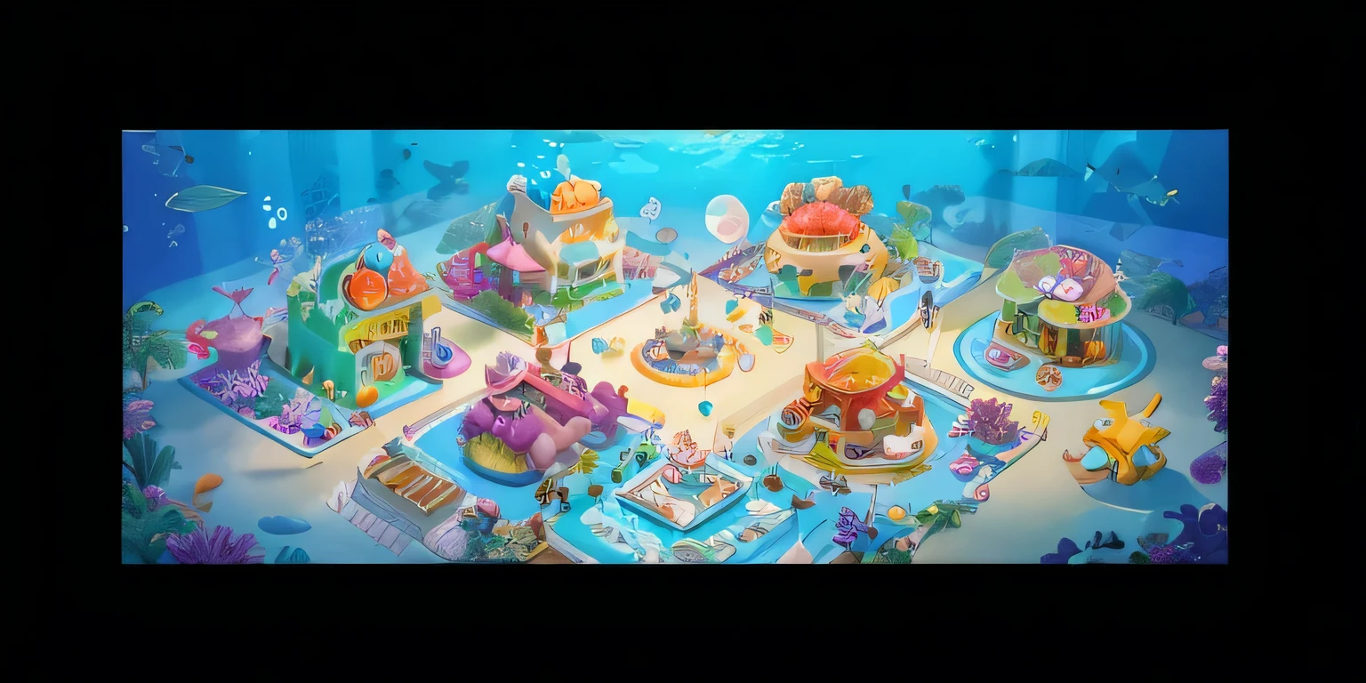 Game design concept of an underwater cake shop, surrounded by sea creatures and coral reefs, featuring colorful food on display tables. In the center is a large rectangular area with different restaurants, food billboards on top, and a user interface layout for mobile games, in a cartoon style, 2D game art, in the style of Disney Pixar, with a colorful palette.  