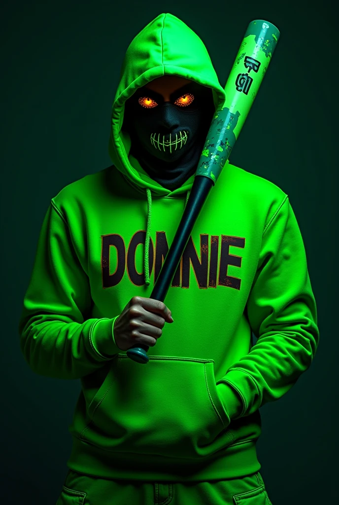 A hooded boy criminal, his hoodie completely neon green. He wears a mask with splotches of random neon paints, and it has “OvO” in the middle. He has black cargo pants and sneakers. He holds a neon green butterfly knife with the initials “A+J” on it.