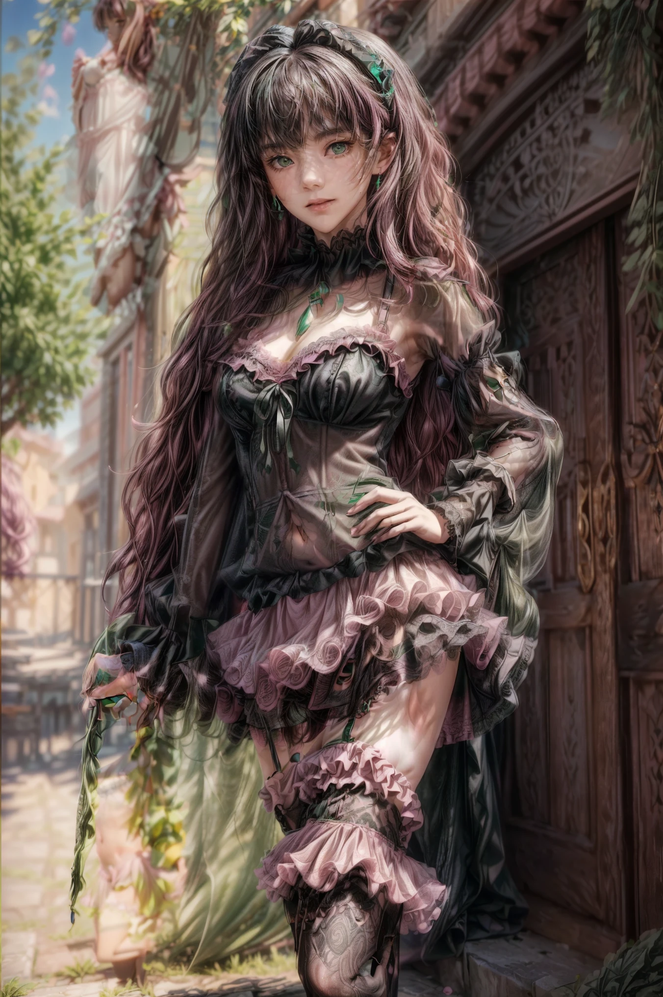 masterpiece, Highly detailed, realistic, Cinematic Lighting, Daylight, beautiful face, beautiful eyes,
1girl, solo,
(-yeld-magl_girl), (short-pink-wavy-hair and green-eyes:1.5),
(wearing black-See-through ruffle-and-lace Idol Costumes:1.5) ,
 (has a magic stick), (tube top), (Necklace), (Jewelry), (small breasts), 
 (pretty face), dynamic angle,(full body),
 (((tiny breasts:1.5, (slender legs), (Slender thighs)))),
(pretty face), 
