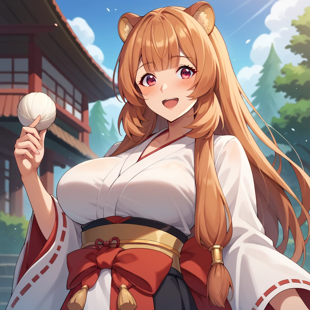 Raphtalia ,Bright orange hair , red eyes like rubíes, bear ears, , big breasts. happy smile, blush, big breasts,  miko costume. kimono white top red bottom , fondo unas montañas. cuerpo completo.