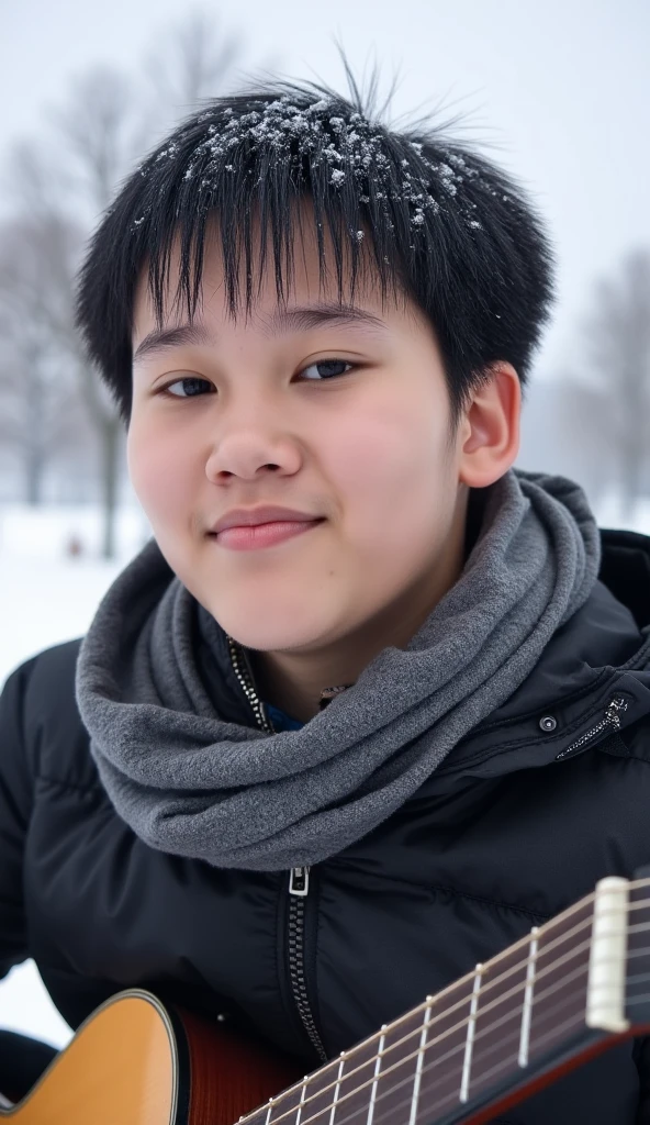 jojo, a portrait photo of 38-year man natural skin, high quality, 16k, masterpiece, detailed face, detailed eyes, detailed lips, 
a boy with black hair playing guitar under the snow with winter clothes and a cold smile