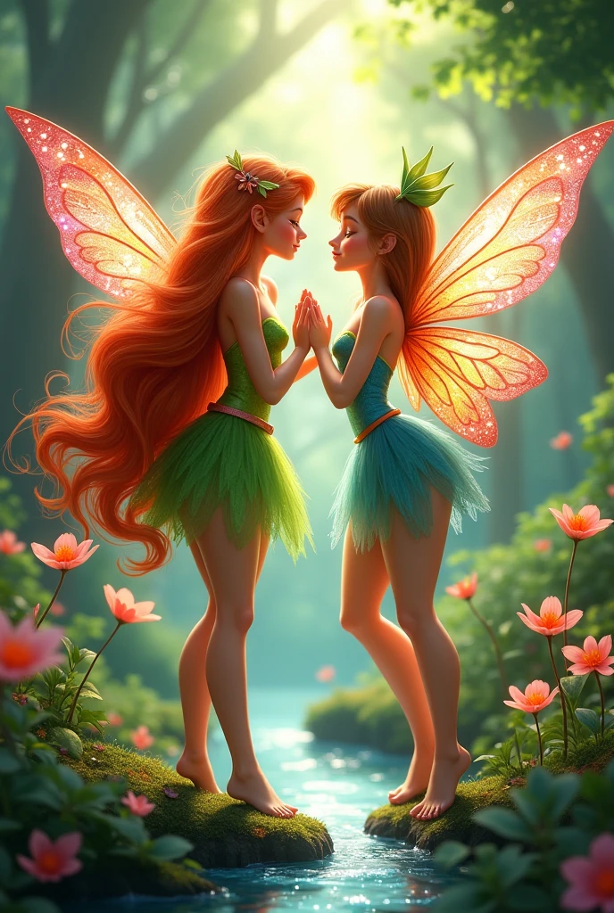 Masterpiece, watercolor: A passionate dance between two elongated miniature tinkerbells (similar to Elodie Guipaud and Celina Ralph) on a branch of an oak tree, dew droplets, illuminated by a single glowing firefly. Fairytale-like atmosphere. Soft, tender. Bokeh. In the style of Josephine Wall and Takashi Murakami and Boris Vallejo.