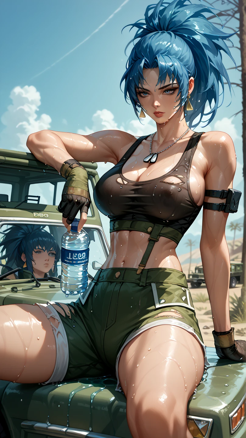 Sexy leona heidern,  Dark blue hair , triangle earrings, condog tags,  on a wasteland, pose sexy, next to a jeep , sweating, in tight military shorts,  getting wet with a water bottle, damaged clothes,  open legs, watching the spectator, 