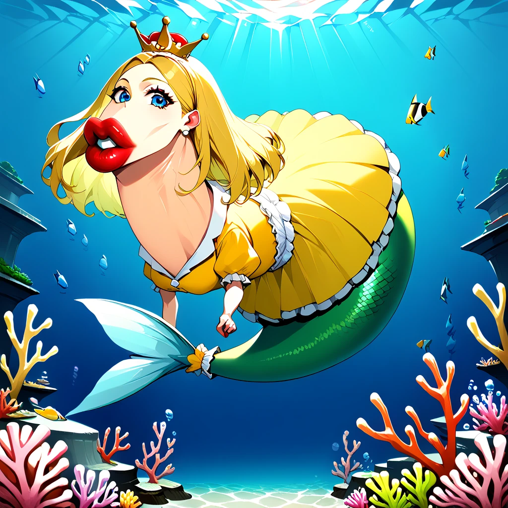 score_9_up, score_8, score_7, best quality, masterpiece, uncensored, big lips, /stalliona, twin dorse, futanari, facing viewer, blue eyes, red lips, solo, wear yellow mermaid dress, pearl crown, from side, full body, looking at viewer, underwater, fish, bubble airs, coral, 