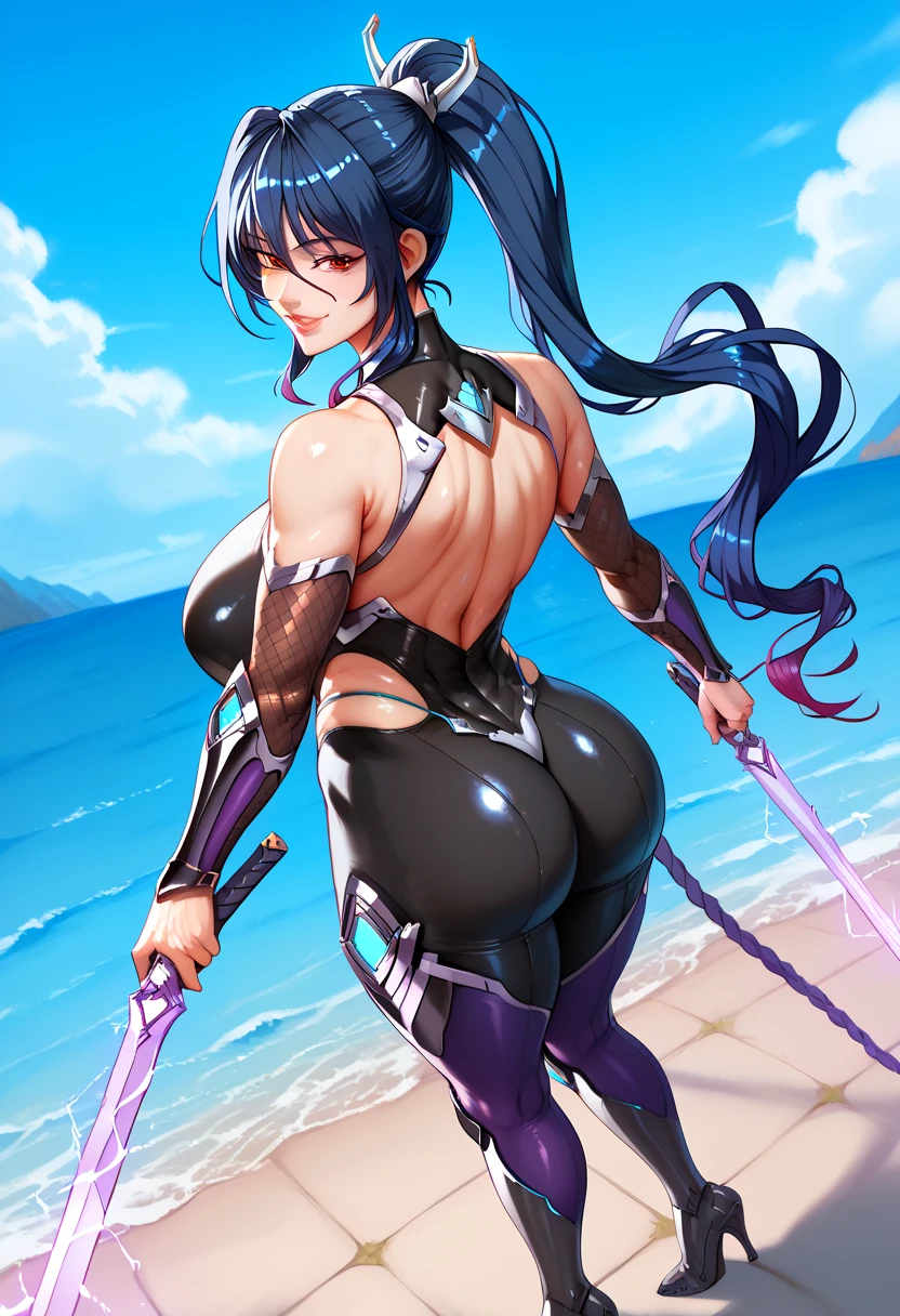 Uehara Rin,1girl, mature female,huge breasts, dark blue hair, long hair, hair between eyes, gradient hair, high ponytail, hair metal tie, red eyes, black bodysuit, taimanin leotard, detached sleeves, fishnets, purple thighhighs, high heel boots,mechanical tails,holding sword, dual wielding, glowing, electricity,score_9, score_8_up, score_7_up,perfect hands, perfect finger,perfect anatomy, masterpiece, best quality,realistic, hyperrealistic, 16k hdr,1 mature female,(outdoor,blue sky),(smile:1.2), from above,(from behind,ass)