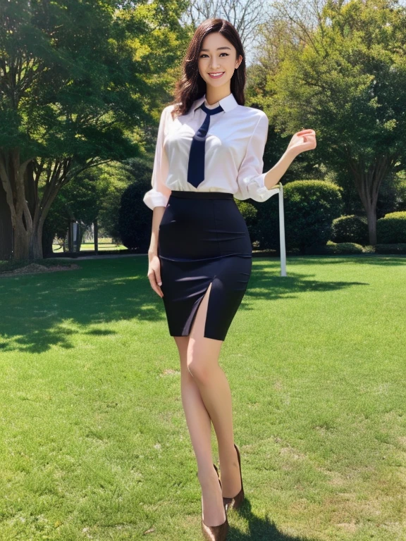  hyperrealistic 8K,  ultra-high definition and realistic depiction , I'm wearing , fashion photography, (Full body leg shot ),  Japanese woman standing,  vintage beautiful Japanese female model wearing a brown strict business suit ,  full-body image of a Japanese woman in an empty park , Hands behind the body,  , Brown short tight skirt ,  wearing brown ankle strap pumps, Seductive figure ,  Smooth skin , Delicate makeup,  beautiful faces, Smiling, The eyes of the audience , My eyes are very well-balanced ,  highly detailed eyes ,  thin waist,  thin thighs 