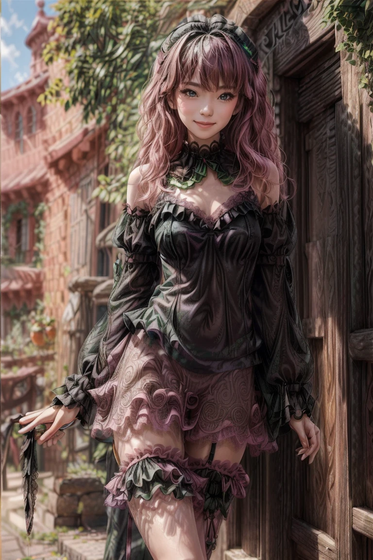 masterpiece, Highly detailed, realistic, Cinematic Lighting, Daylight, beautiful face, beautiful eyes,
 1girl, solo, (16-years-old-magical_girl), (short-pink-wavy-hair and green-eyes:1.5),
 (wearing black-See-through ruffle-and-lace Idol Costumes:1.5) ,(Roman sandals),
 (has a magic stick), (tube top), (Necklace), (Jewelry), (small breasts),
 (pretty face),(Dynamic Angle), (Dynamic Pose),
,(full body), (((tiny breasts:1.5, (slender legs), (Slender thighs)))), 
(pretty face),(smile),