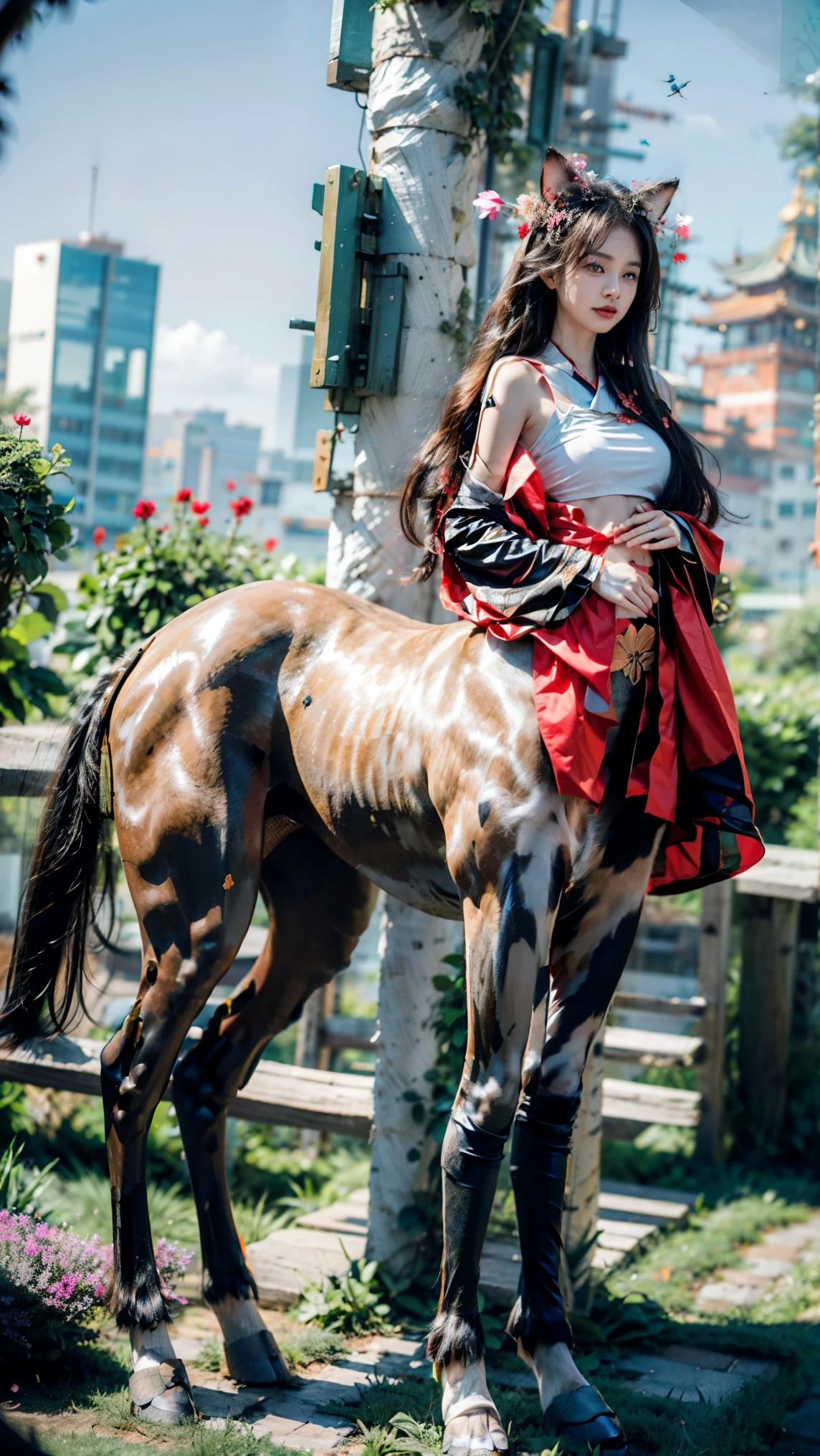 4k, masterpiece, solo, zoom in, long straight hair, {black}, light brown eyes, open little mouth, large breast, horseback riding, (black horse: 1, bridle, saddle, stir ups, holding reins: 1.2), female warrior, (white armor, red miniskirt, red boots), perfect detailed hand holding rein, grassland, muddy roads, anatomically correct,