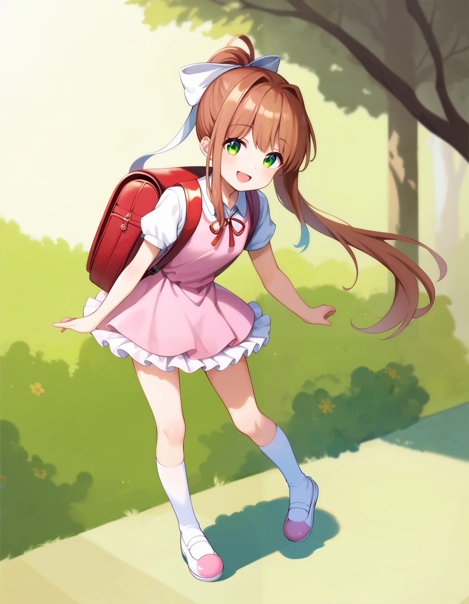 Hd, (littlegirl:1.1) (slender body) (thin body), monika, green eyes, brown hair, very long hair, ponytail, hair ribbon, (white skin) happy and confident expression. full body, (ch1ldren playing), short girl, cute girl, (loli:1.2), (ch1ldren:1.2),  long straight hair, thin legs, flat chest, flat breasts. (happy, smile, cheerful), Standing, outdoor, wearing party dress, pink dress, frilly dress, white socks, pink shoes, bowtie, wearing school backpack, red backpack 